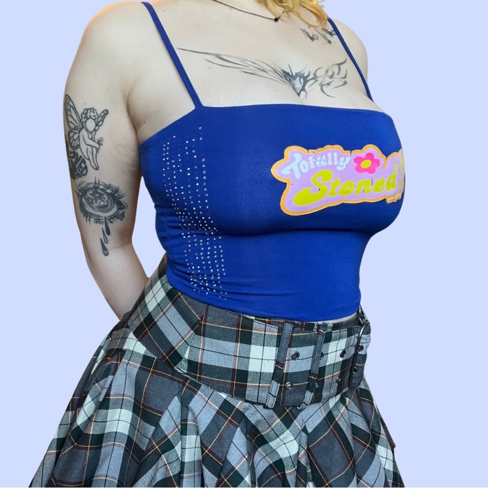 blue “totally stoned” graphic crop top with rhinestones
